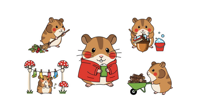Charming hamster characters engaging in various domestic activities with delightful animation style