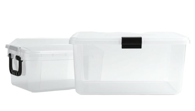 Two clear plastic storage containers, lids closed, on black