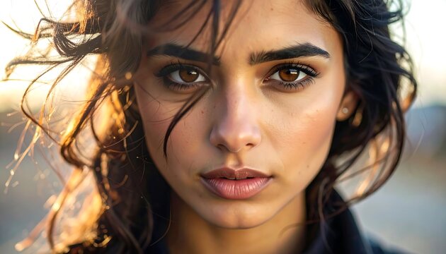 Portrait of a woman with brown eyes and loose, dark hair, bathed in sunlight, looking directly at the viewer