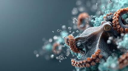 Obraz premium Close up, detailed view of an octopus with orange tentacles underwater. Bubbles and blue corals surround the marine creature.