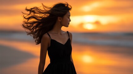 A young Asian woman stands gracefully on the beach as the sun sets. Her long hair flows in the gentle wind, creating a peaceful atmosphere filled with warmth and beauty