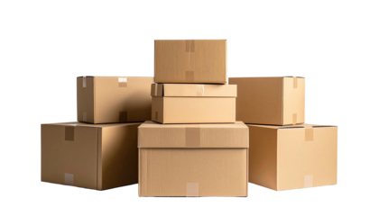 Stacked, closed brown cardboard boxes on black backdrop