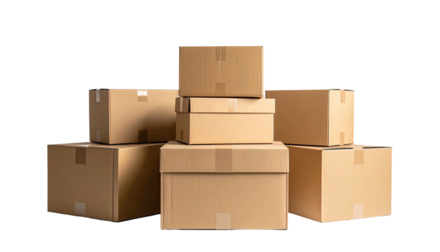 Stacked, closed brown cardboard boxes on black backdrop - Powered by Adobe