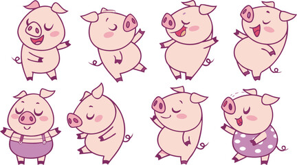 Obraz premium Vector cute pigs cartoons isolated. cute cartoon pigs in different poses and expressions. Set of nine adorable chubby pigs with round bodies, small ears, and pink snouts.