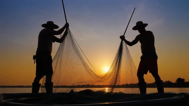 Fishermen Silhouette Casting Net at Sunset, Reflecting on Water with Golden Hour Scenery