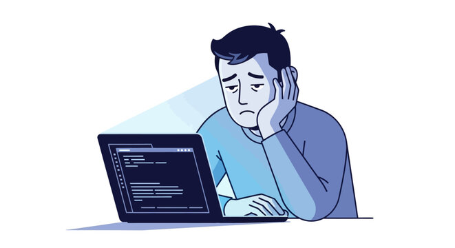 Frustrated coder staring at laptop screen showing code, feeling burnout from prolonged computer work