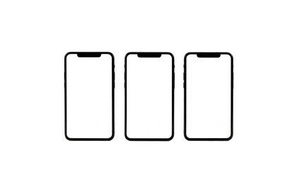 Three modern phones side by side with white screens