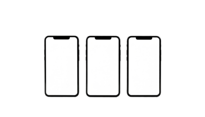 Three modern phones side by side with white screens
