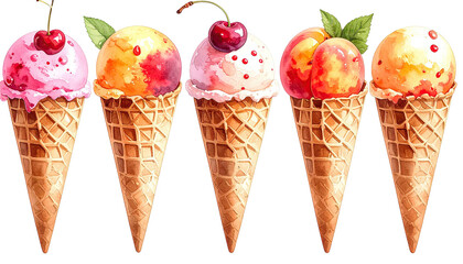 Five ice cream cones with fruit toppings, on a transparent background