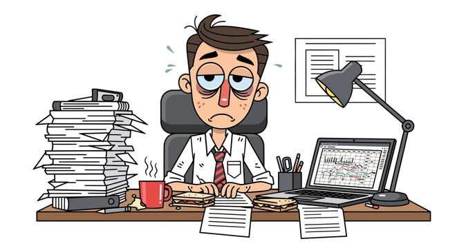Overworked businessman cartoon character drowning in paperwork and deadlines with visible signs of