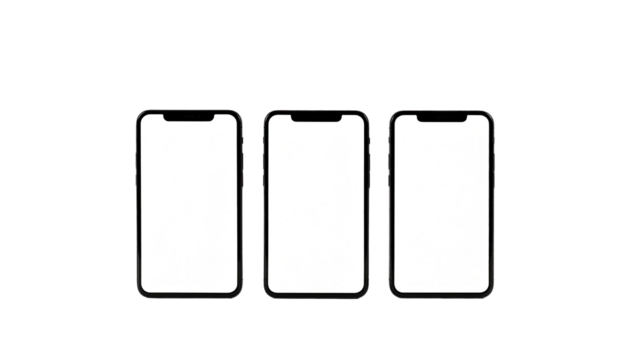 Three modern phones side by side with white screens
