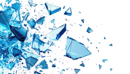 Shattered blue glass fragments explode on black background
