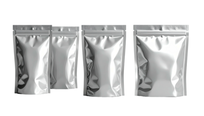 Silver zippered pouches, various sizes, stand on black backdrop