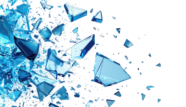Shattered blue glass fragments explode on black background