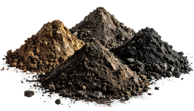 Four piles of soil, each a different color