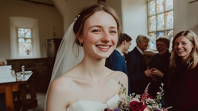 Happy Bride with Bouquet in Church Surrounded by Guests