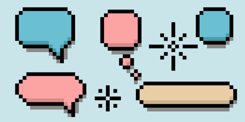 Cute pixel speech bubble set in pastel colors with frame elements and text boxes. 8 bit dialogue clouds for game development, mobile app interface, retro digital art or social media design.