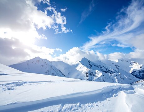 A pristine snow-covered mountain range stretches under a bright blue sky dotted with fluffy clouds, with sun shining