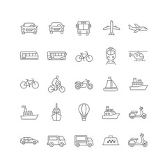 Collection of Minimalist Transportation Icons Depicting Various Vehicles in Outlines.