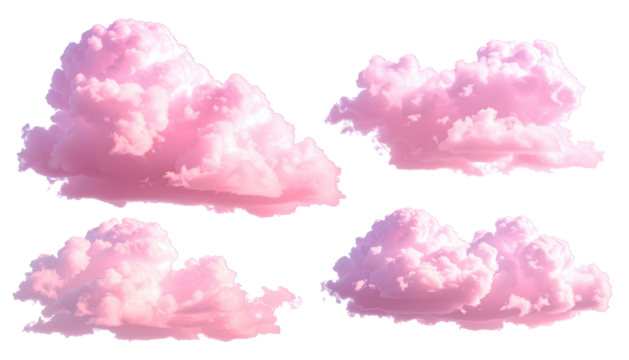 Four pink, fluffy clouds isolated on a stark black background