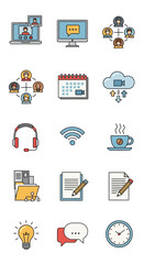 Collection of Modern Flat Icons Representing Digital Communication and Business Concepts.
