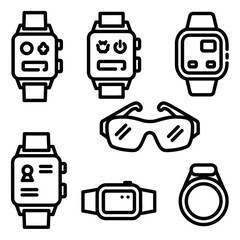 Collection of Modern Smartwatch and Sunglass Icons in Outline Style.