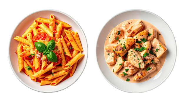 Two plates pasta with tomato sauce and creamy chicken bites