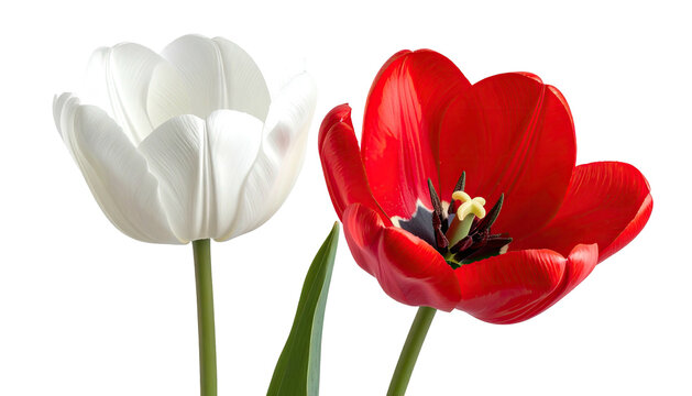 White and red tulip blossoms, contrasting colors, on black - Powered by Adobe