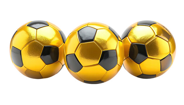 Three golden soccer balls with black panels on a black backdrop