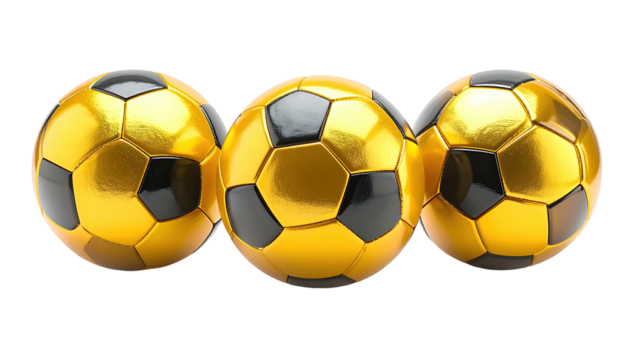 Three golden soccer balls with black panels on a black backdrop