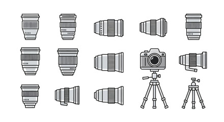 Collection of outline camera lenses, a DSLR camera, and tripods in a minimalist line art style.