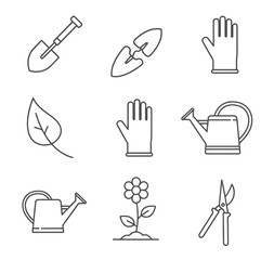 Collection of Outline Icons Representing Gardening Tools and Elements.