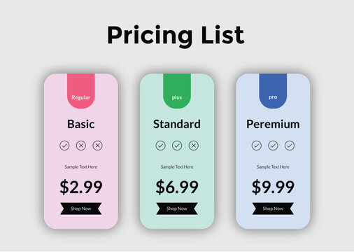 Three pricing plan cards showing basic, standard, and premium options with prices
