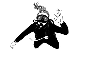 Scuba diver waving hand illustration