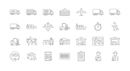 Collection of Outline Icons Representing Logistics and Shipping Services.