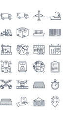Collection of Outline Icons Representing Logistics and Shipping Services.
