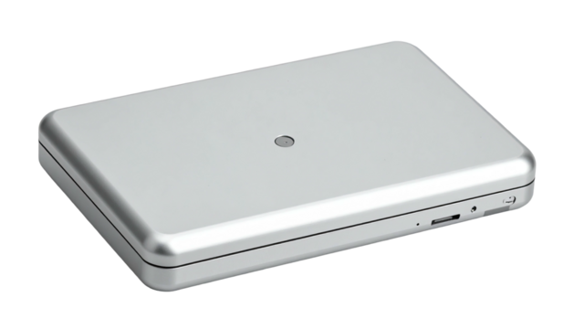 Silver device sleek, rectangular, rounded edge, small port visible