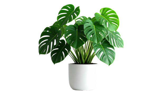 Potted Monstera Deliciosa, dark background, leafy, glossy plant