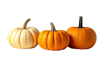 Three pumpkins, white and orange, sit against a black backdrop