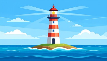 Red and white striped lighthouse on a small island, surrounded by blue ocean, under a bright blue sky with clouds