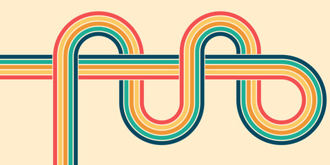 Abstract retro rainbow wave background with curvy lines and vivid stripes. 1970s hippie inspired vector pattern, groovy colorful design perfect for fabric or poster art.