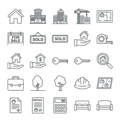Collection of Real Estate and Property Icons in Simple Line Art Style.