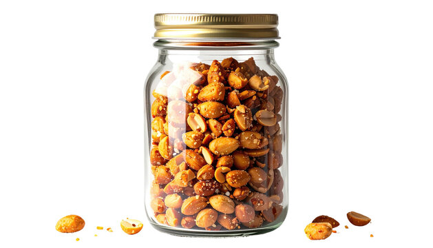 Jar filled with roasted peanuts, golden lid, dark background