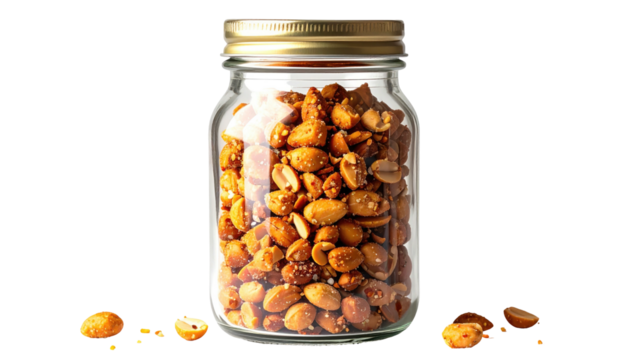 Jar filled with roasted peanuts, golden lid, dark background