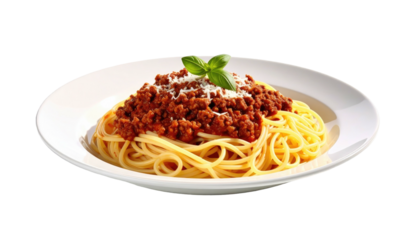 Spaghetti bolognese on a white plate, garnished with basil