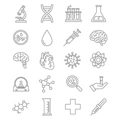 Collection of Scientific and Medical Line Art Icons.