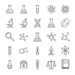 Collection of Scientific Laboratory Equipment and Molecular Structures Icons.