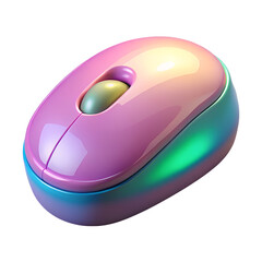 Glossy plastic 3D computer mouse with shiny colorful surface, cartoon plastic style, isolated on transparent background