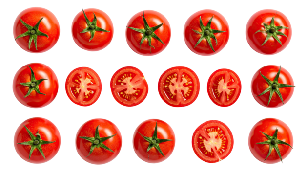 Rows of whole & halved bright red tomatoes over a black background