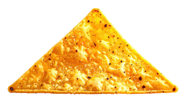 Single, golden, speckled triangle corn chip on black backdrop